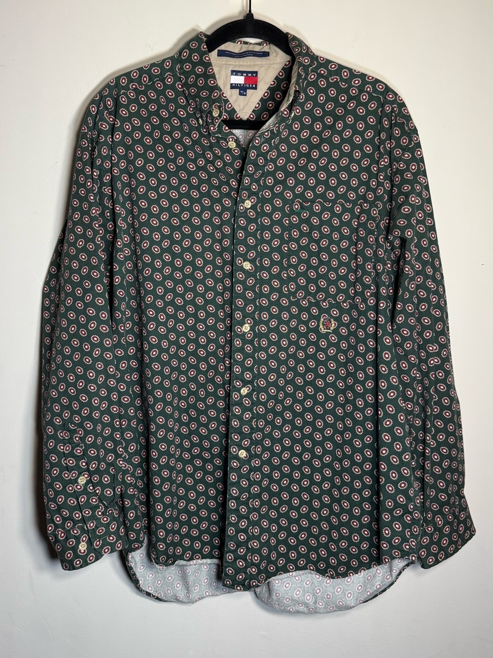 Tommy Hilfiger Dark Green Button-Down with Red & White Dot Pattern